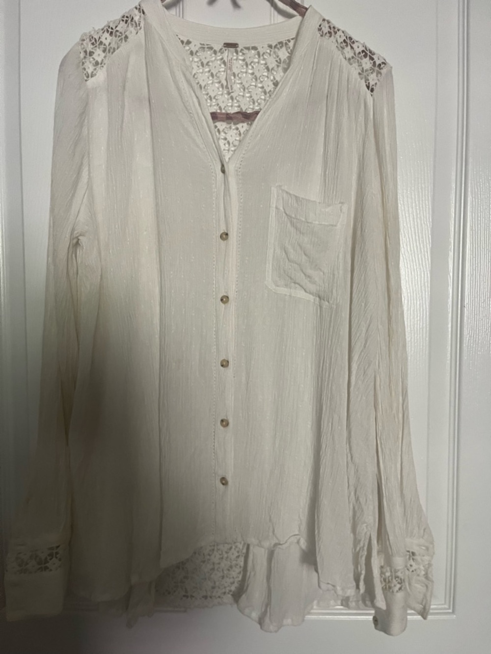 Free People Light Cream Button-Front Lace Accent Blouse
